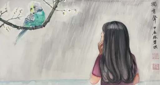 Chatting happily with a parrot